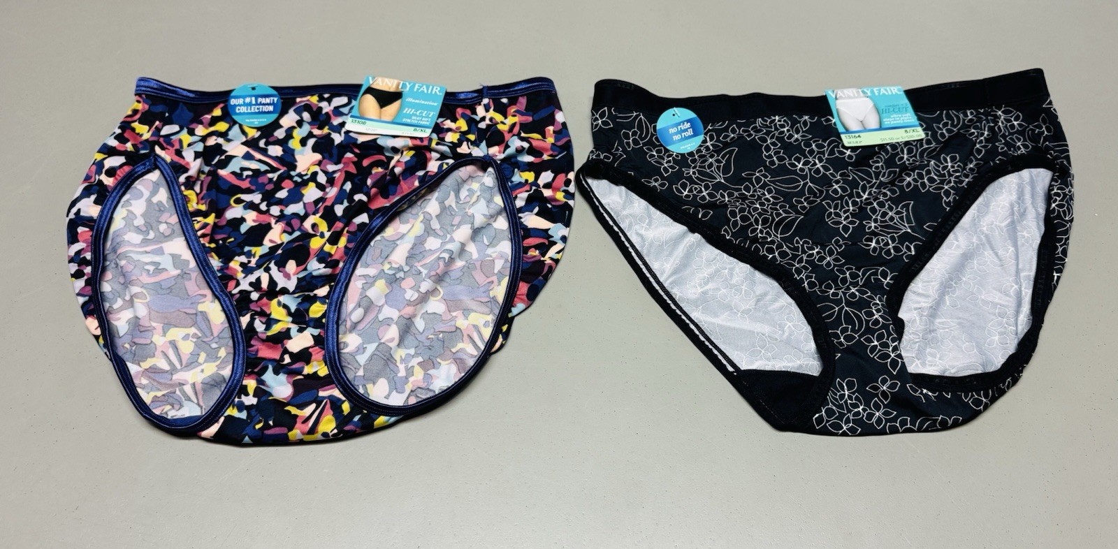 2-Vanity Fair 8/XL Illumination/Comfort Plus Hi Cut Panties #13108 & 13164 Asst