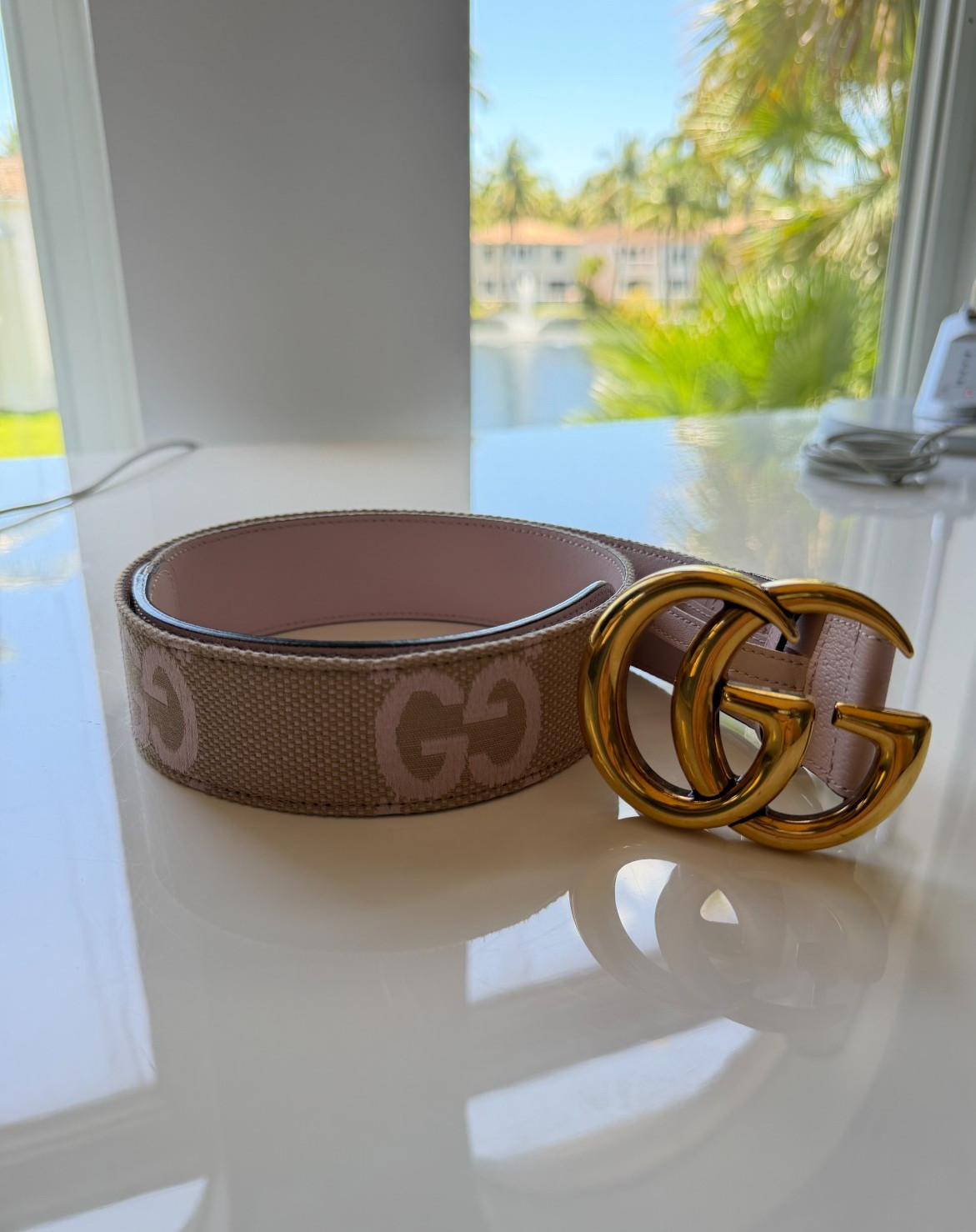 Gucci GG Marmont Buckle Jumbo GG Print Belt 85|34 Pale Pink Beige Authentic