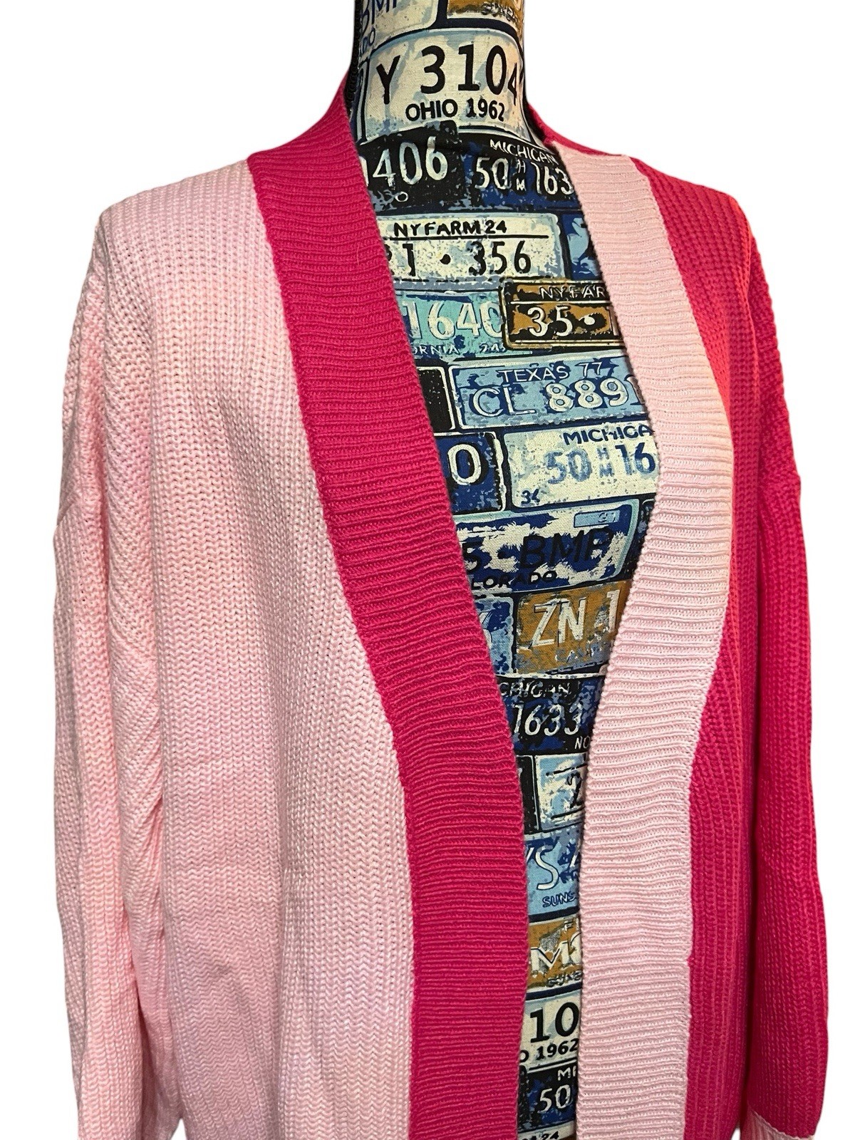 Two Tone Bright Pink Color Block Cardigan Preppy Glam Girlie Librarian Sz L