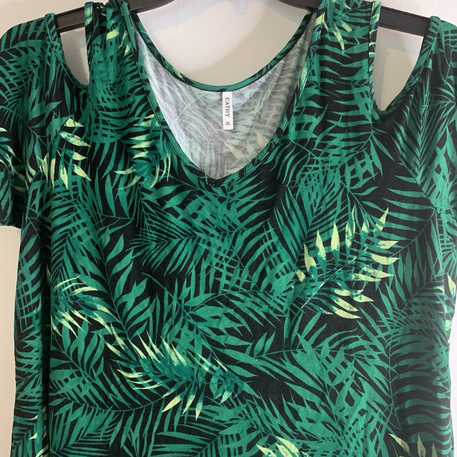 Cathy Palm Tropical Palm V Neck Womens 2XL Flowy Stretch Sleeve Cut Outs Top