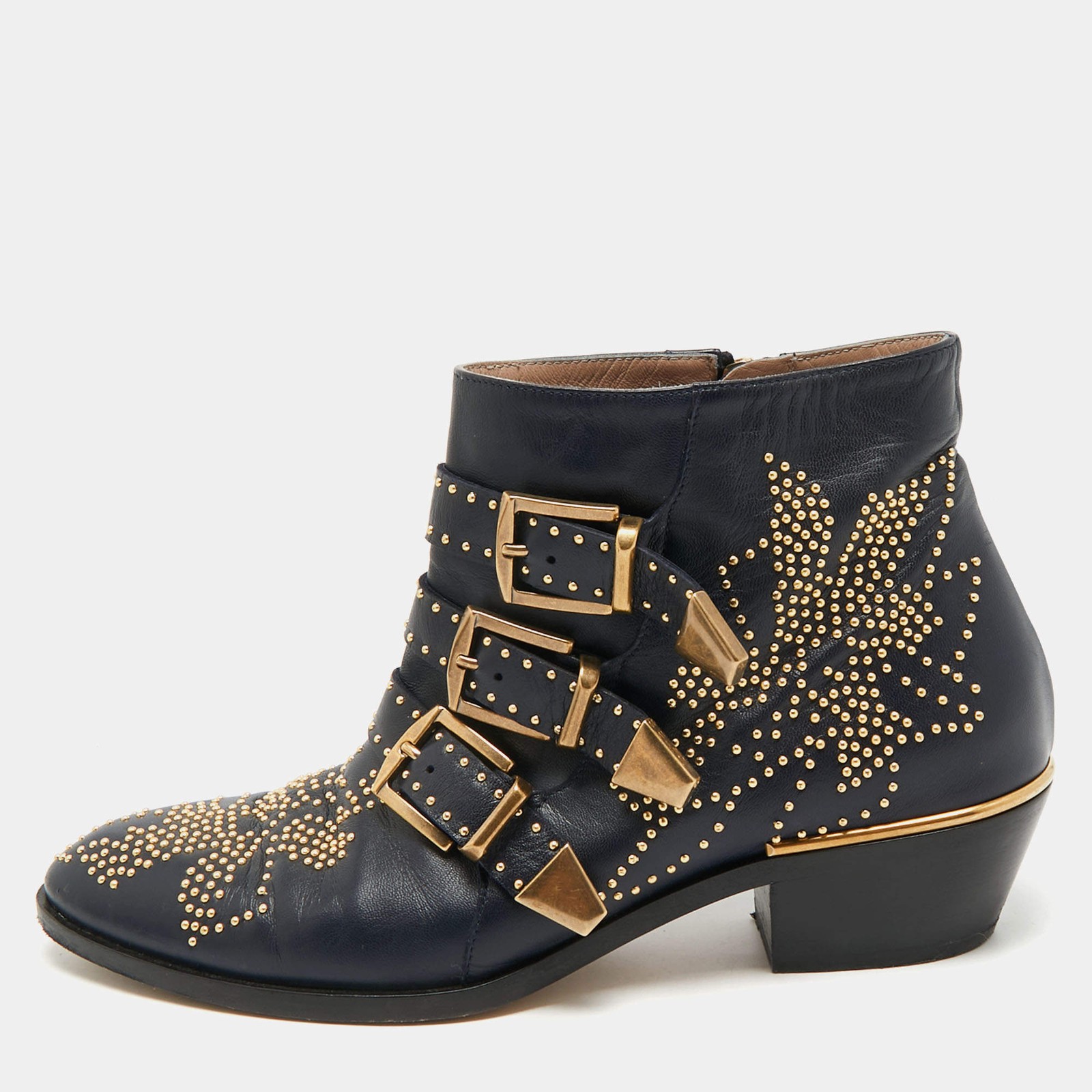 Chloe Susanna Studded Size 38 Navy Blue Leather Ankle Boots