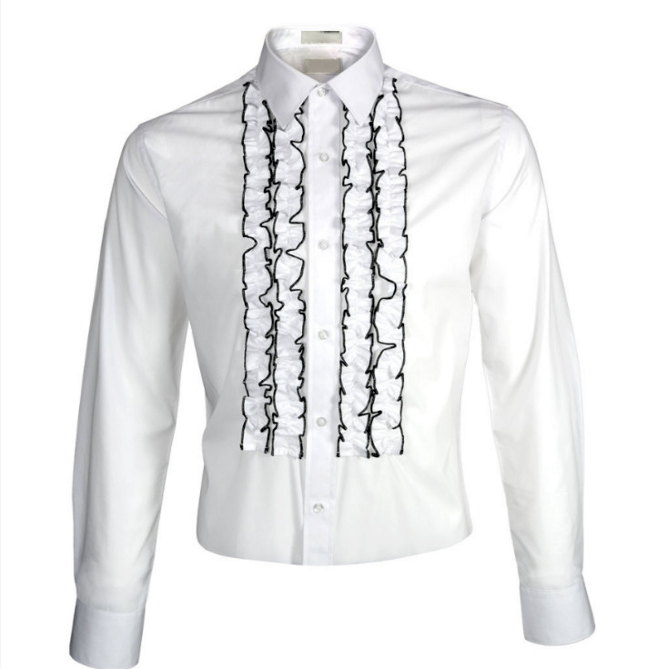 New Men’s White Black Ruffled Ruffles Tuxedo Shirt Spread collar Slim Fit Fitted