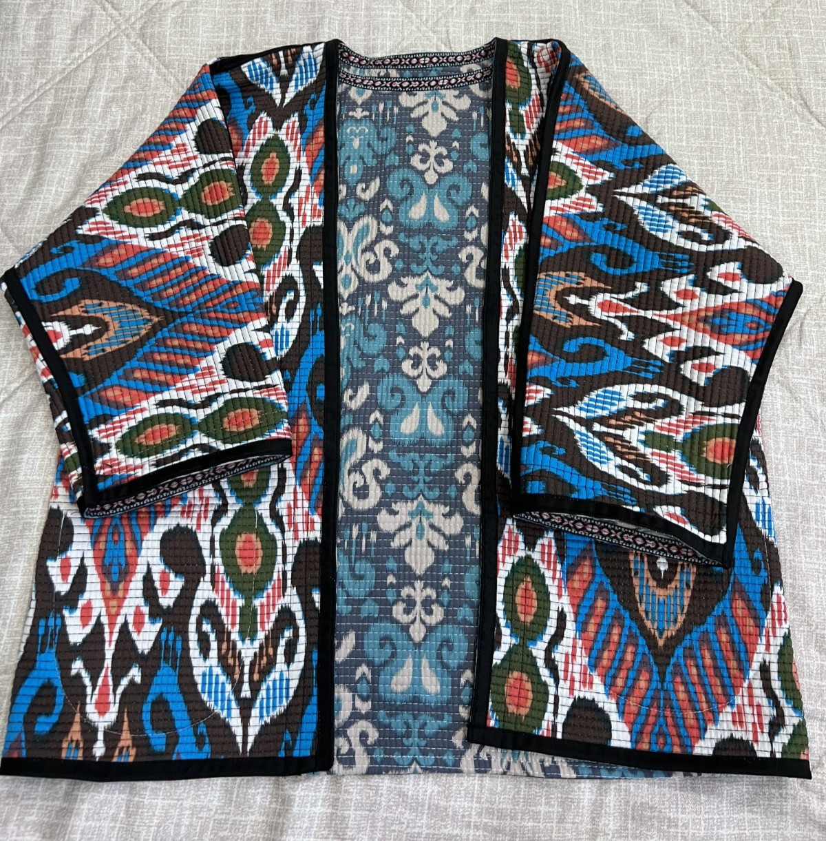 Handmade Reversible Women’s Boho Open Front Cardigan Blue Tribal Print Pockets