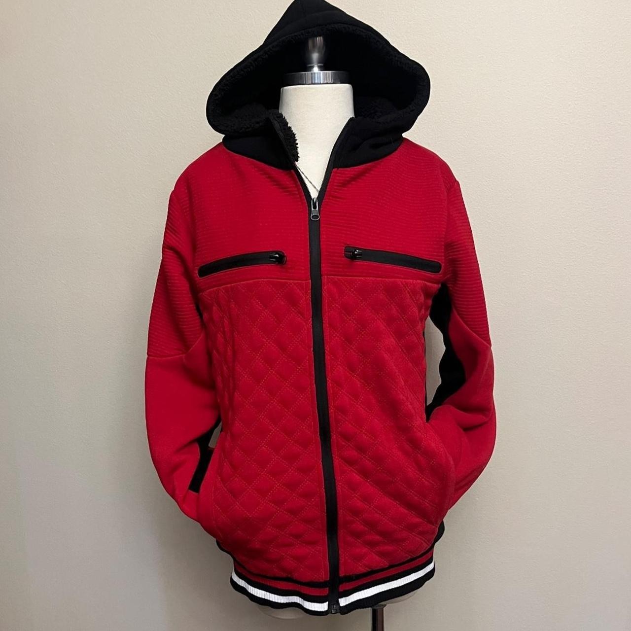 Retro Stitch Women’s Red Diamond Pattern Zip-up Jacket with Sherpa Lining Size S