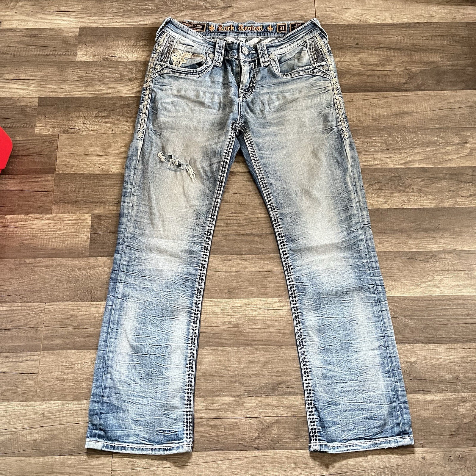 Rock Revival Mens “Tad” Bootcut Jeans Mens 31×30 Blue Denim *READ* FLAW