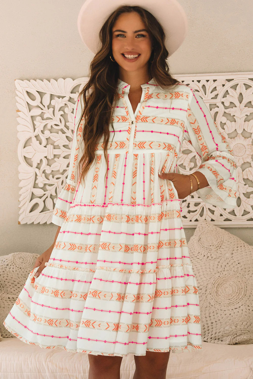 Winnie Bracelet Sleeve Slit Neck Ruffled Loose Dress