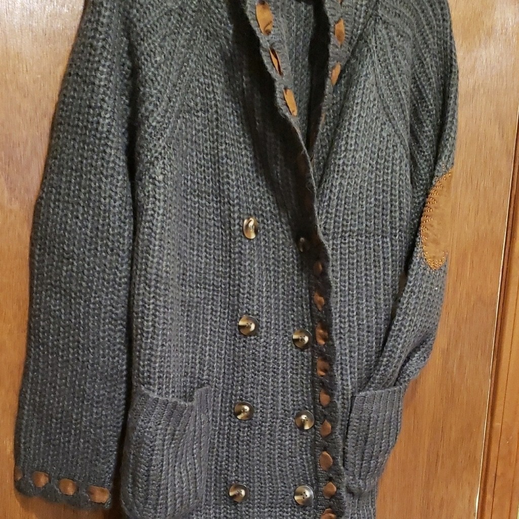 POL Gray Knit Cardigan Duster with Brown Ribbon Accents And Elbow Patches.