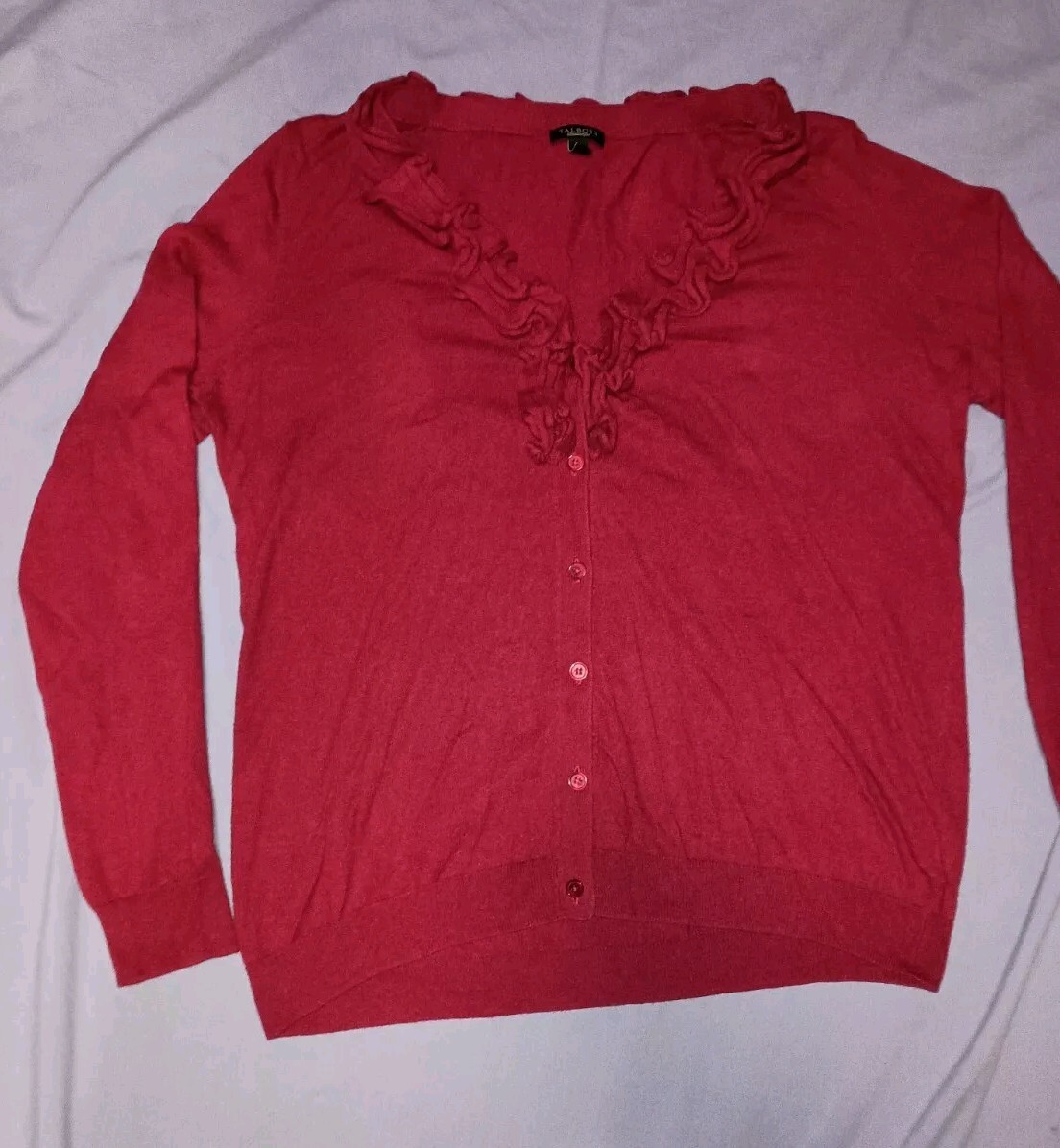 Talbots Large L Crimson Ruffled V-Neck Wool Blend Blouse Cottagecore Red