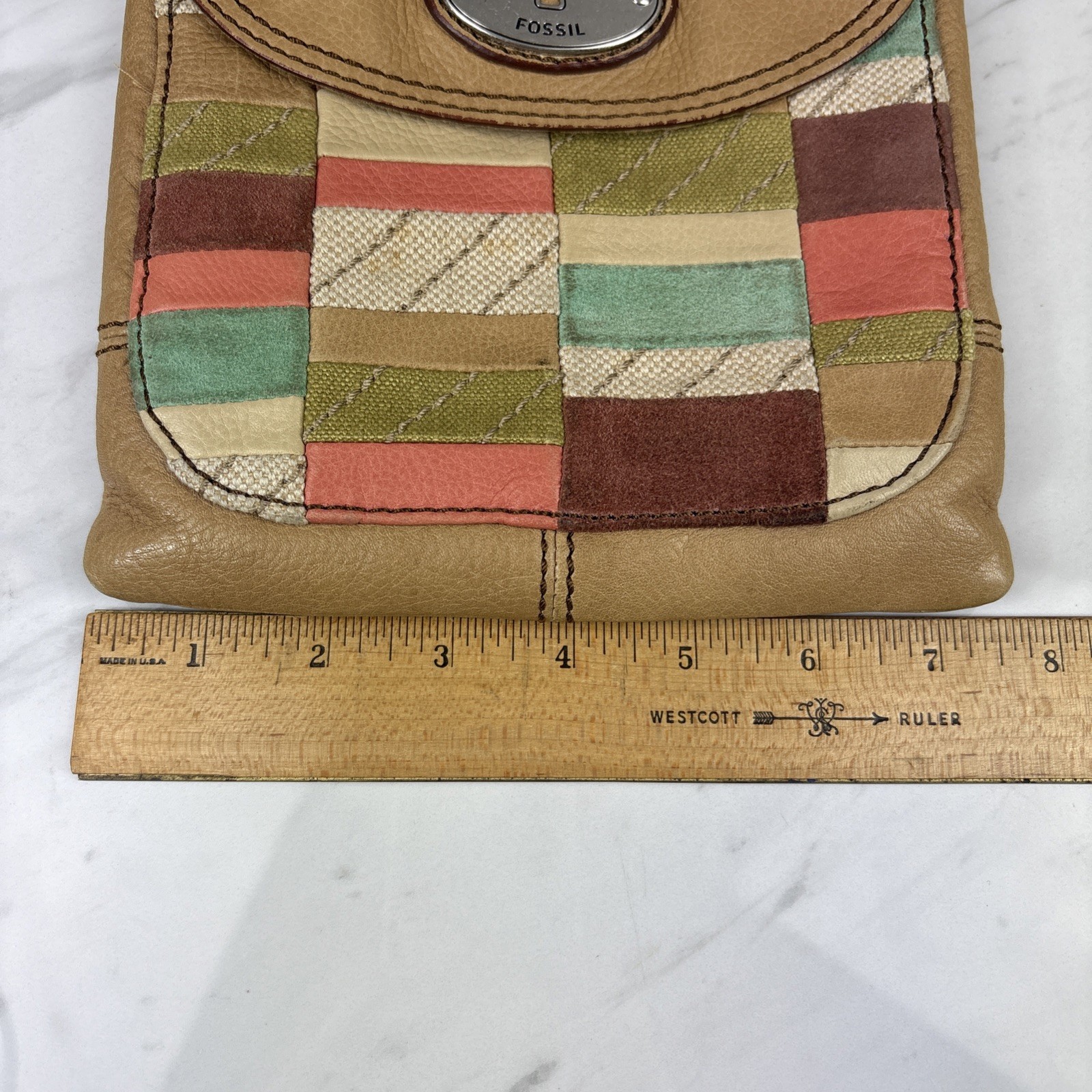 Fossil Maddox Patchwork Colorblock Lt Tan Leather Adj Strap Y2K Crossbody Purse