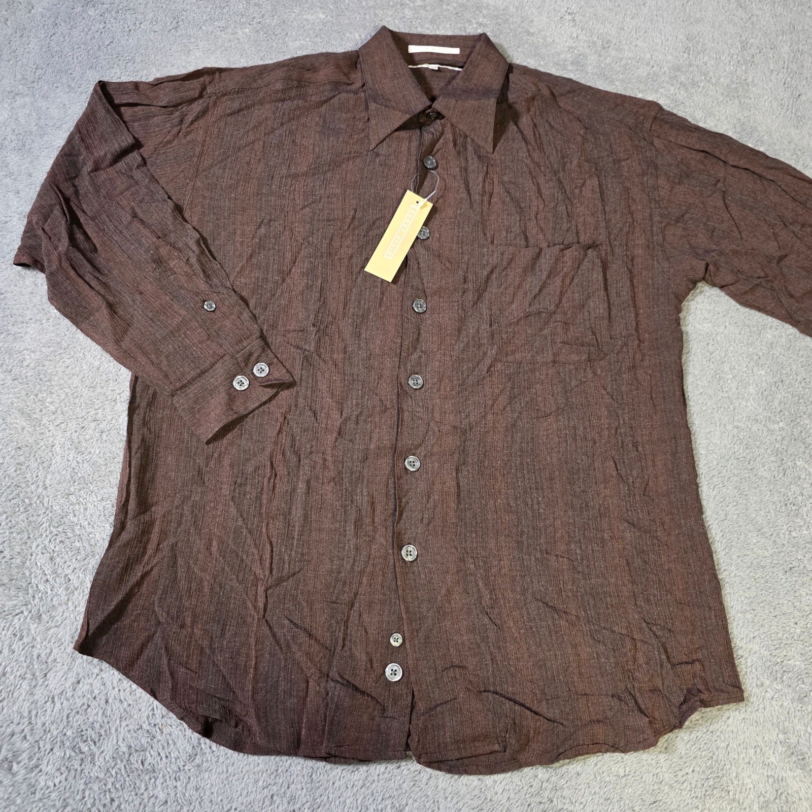Perry Ellis Mens M Button Down Shirt Russet Brown Crinkle Texture Rayon MF2507