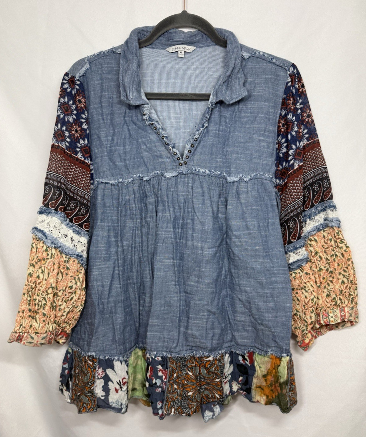 John Mark Patchwork Boho Peasant Blouse Women’s XL Floral Paisley Tunic Top