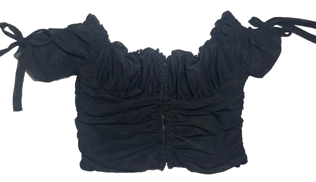 Gorgeous Princess Black Crop Fisheye Button Front Blouse w/ Sheer Black Mesh