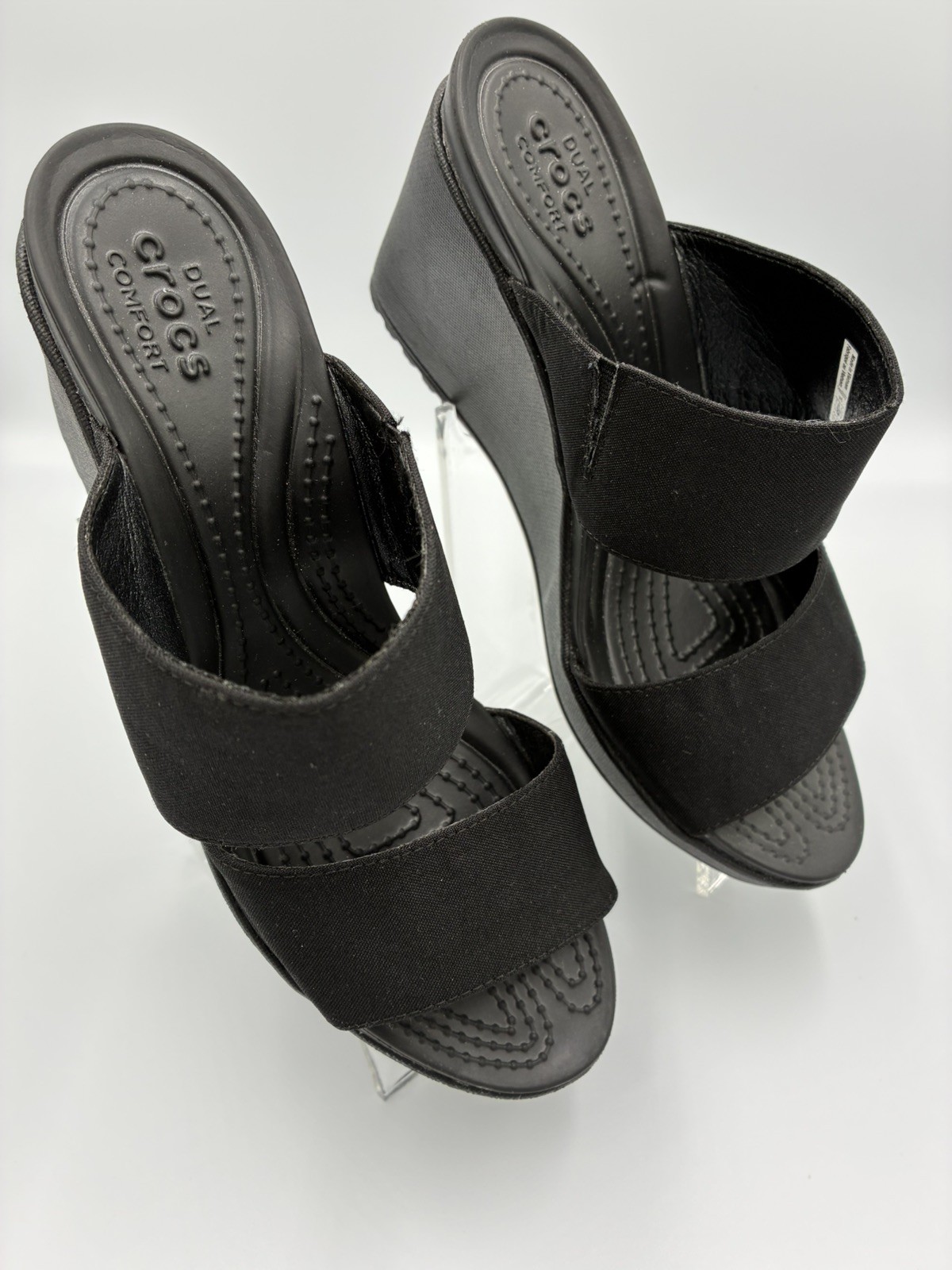 Women’s Crocs Leigh II Cross-Strap Wedge Sandals Black Canvas Platform Slides 8