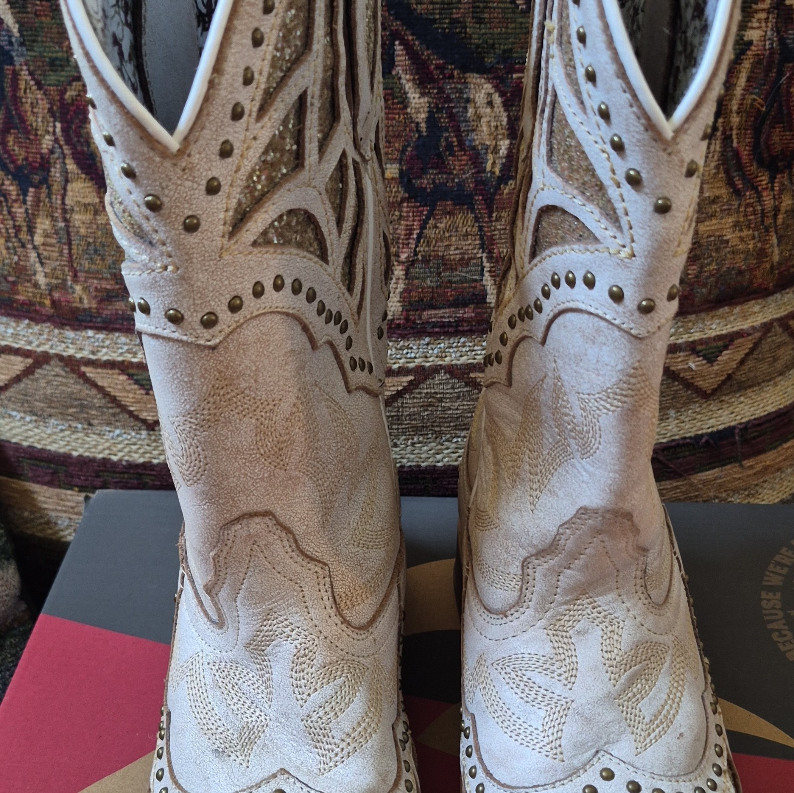 Laredo 5867 Women’s Western Leather Studded Mid-Calf Boots Beige US 6.5