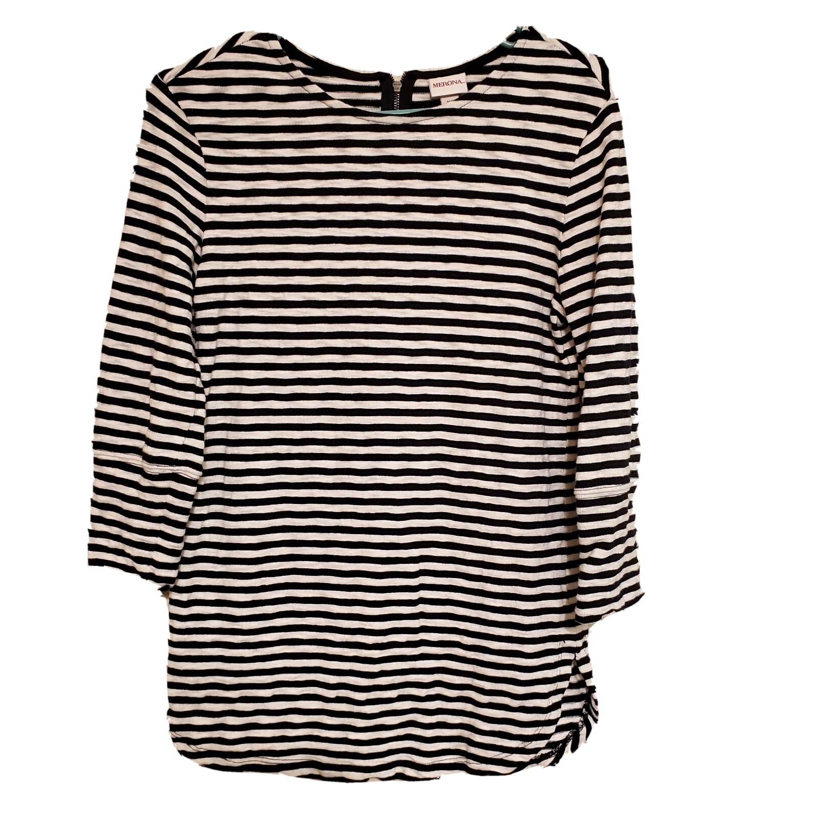 Merona Blouse Womens Xsmall White Black Striped Shirt Pullover Zip Back