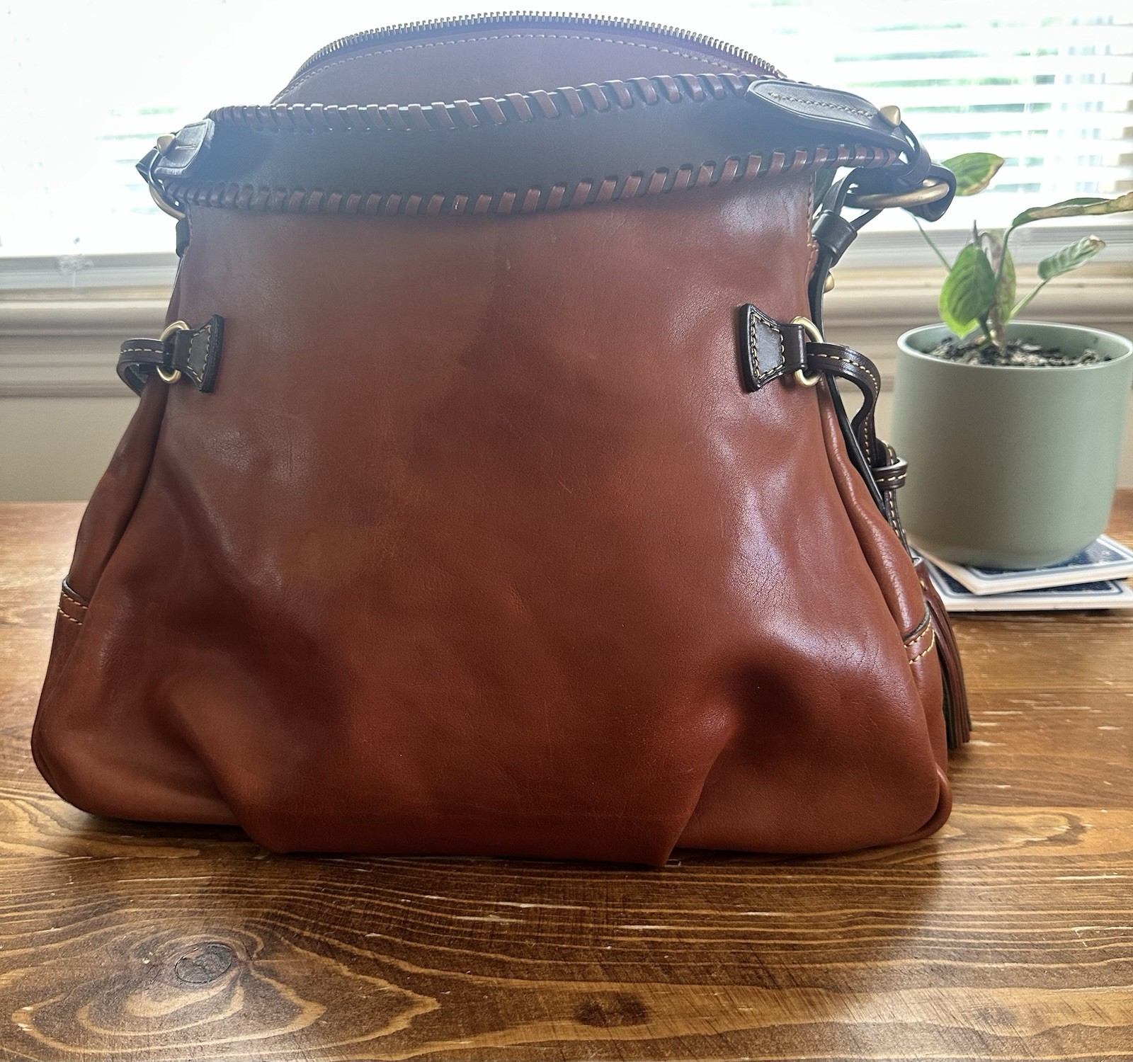 Dooney & Bourke Brown Shoulder Bag Zip Top Tassel Red Lining Gold Hardware