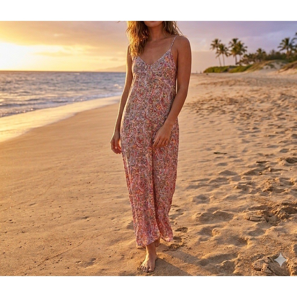 Lovestitch Paisley Maxi Dress Natural Red Multi V-Neck Adjustable Straps M/L NEW