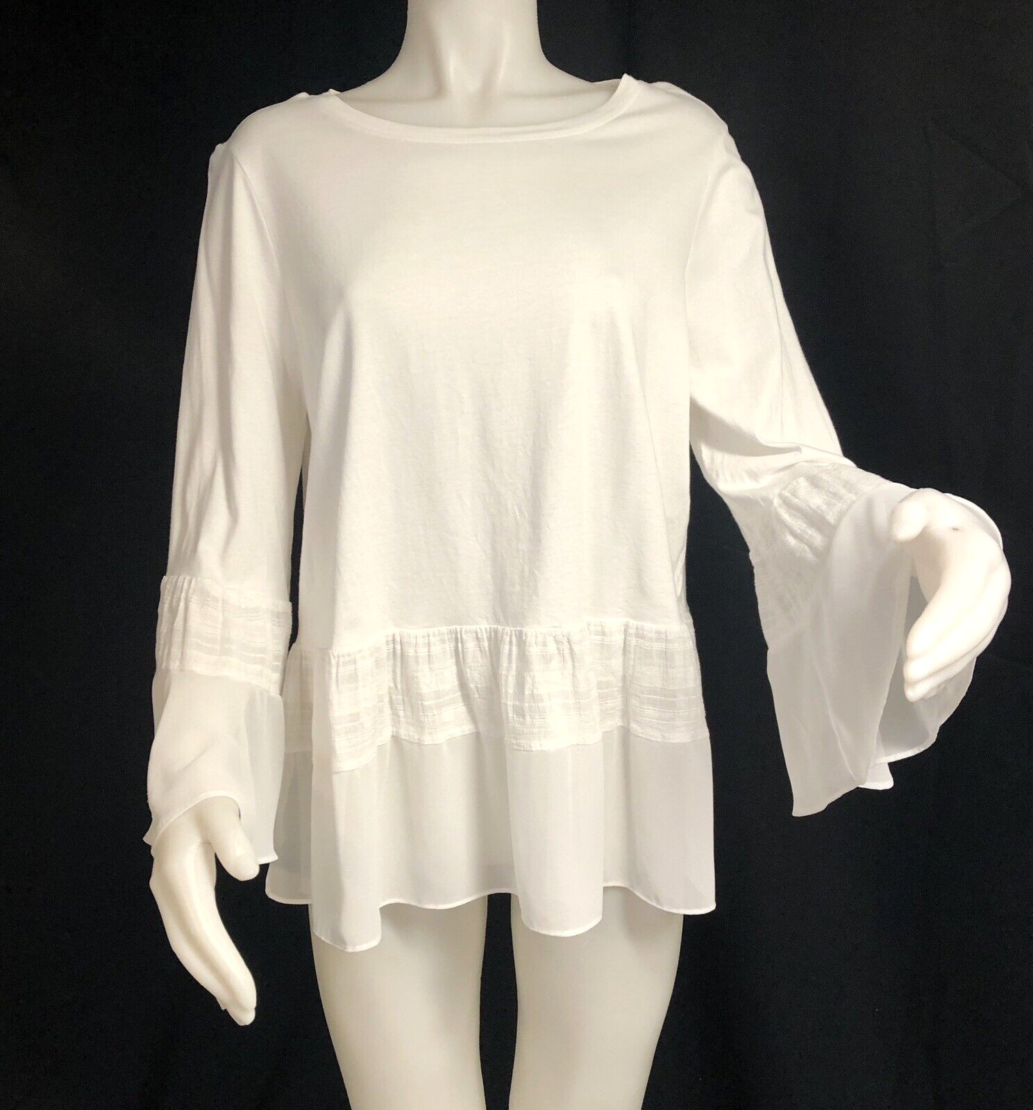 BCBG Maxazria Women’s L White Harmony Sportswear Knit Top Angel Sleeves Chiffon