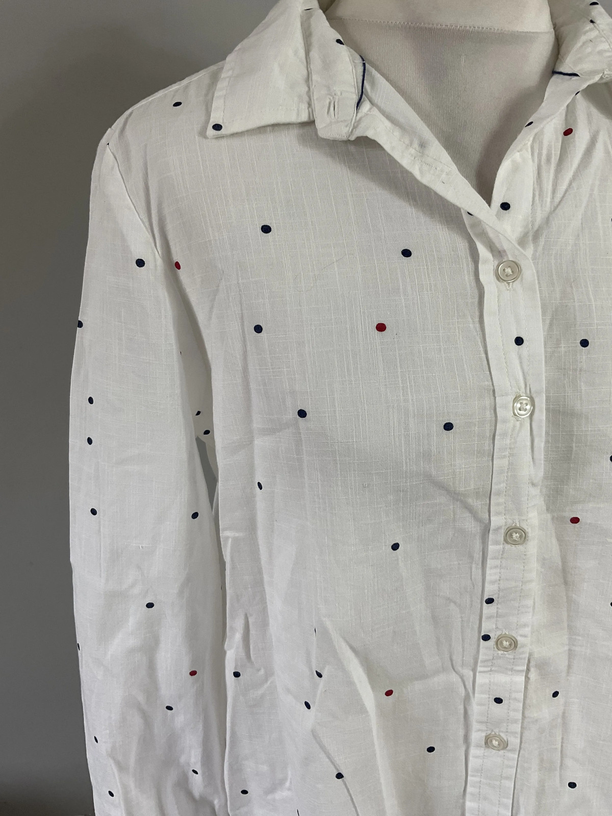 FatFace ladies white textured cotton deep navy & red polka dot blouse top UK 12