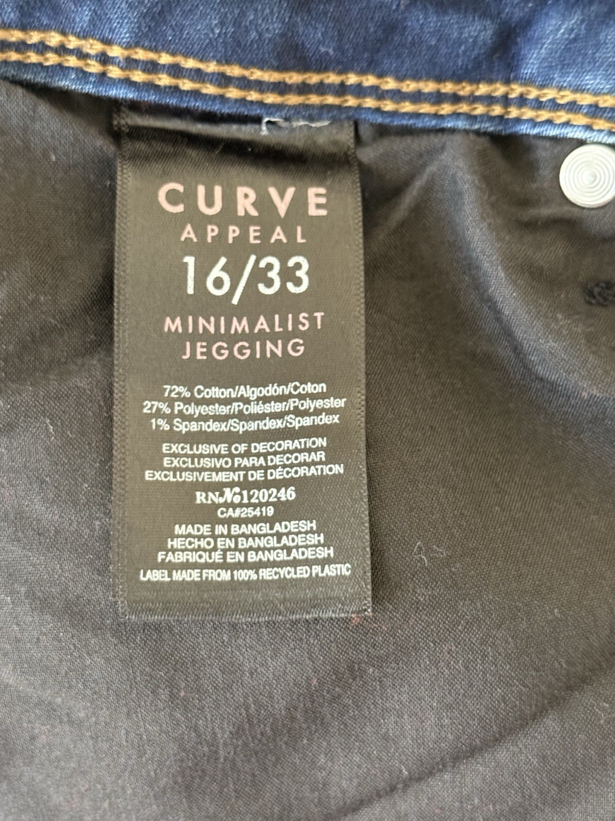Curve Appeal Minimalist Jegging Dark Wash Skinny Jeans Size 16/33
