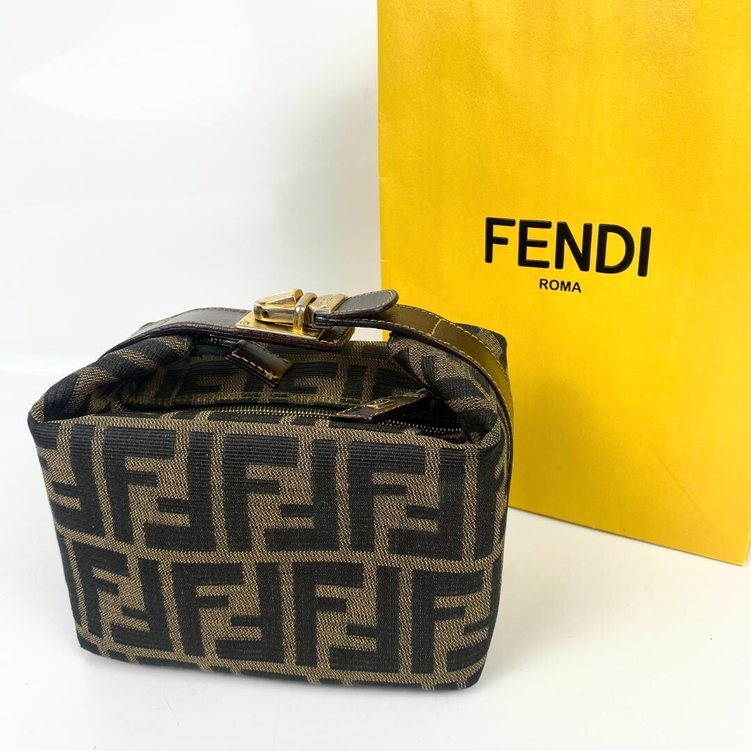 Fendi Zucca FF Logo Vanity Bag Canvas Leather Brown Gold Italy Top Handle Zip
