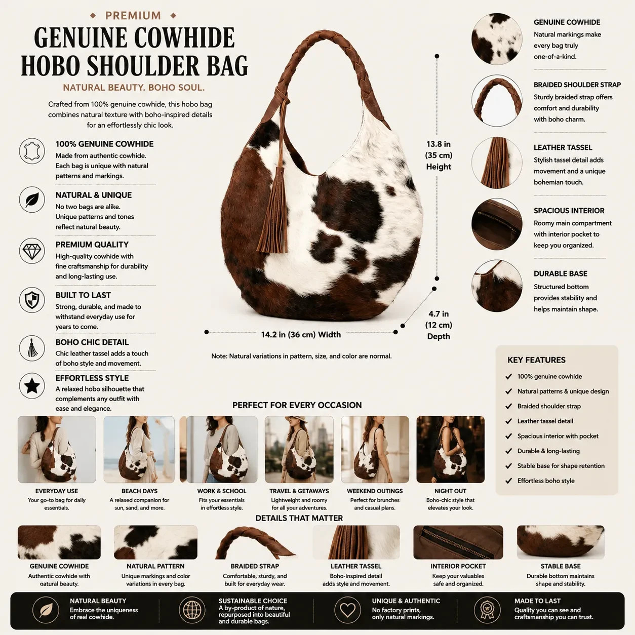 Cowhide Leather Hobo Bag Brown White Cow Print Western Fringe Shoulder Purse