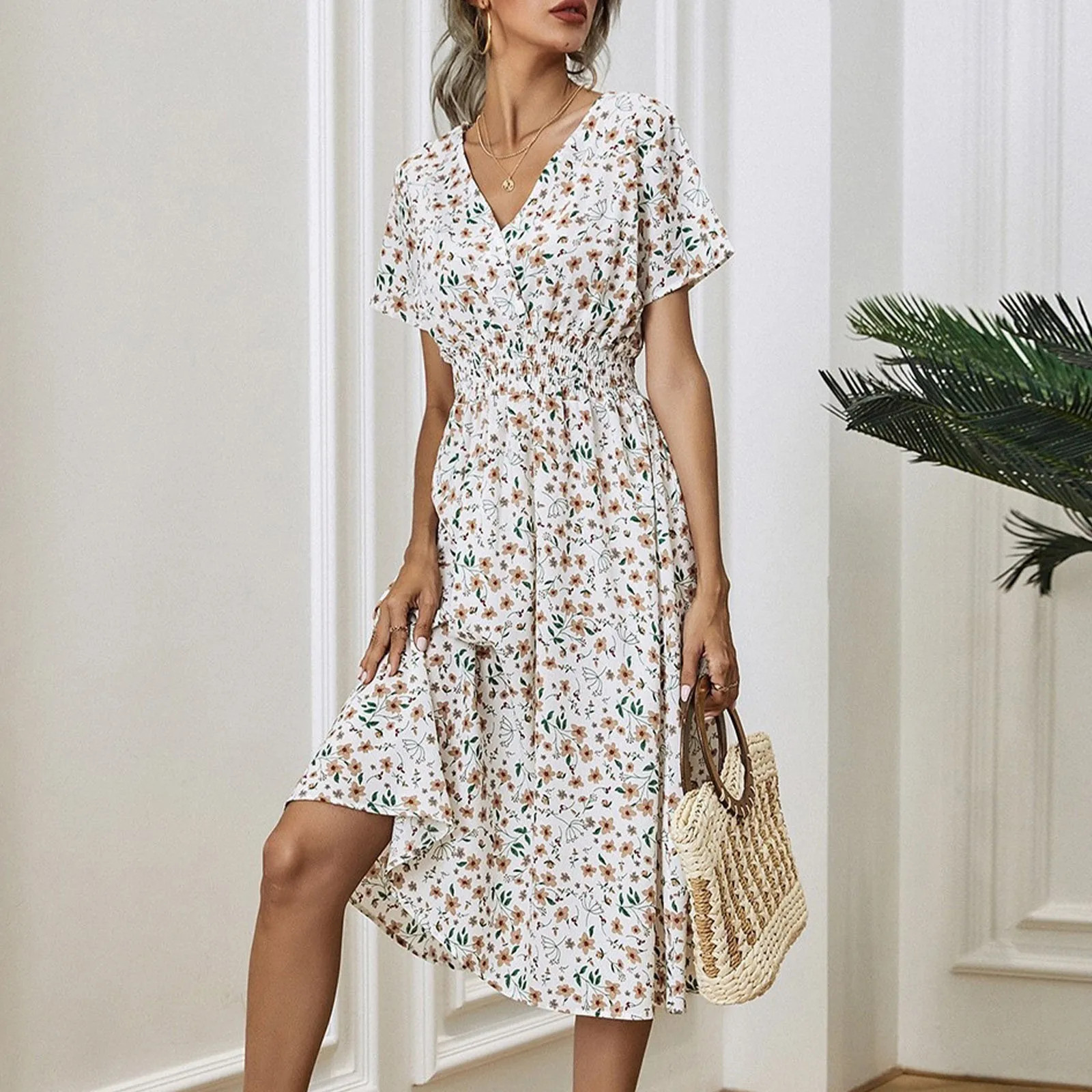 High Quality Luxury Design Dress Elegant Waist Cinching V-neck Printed