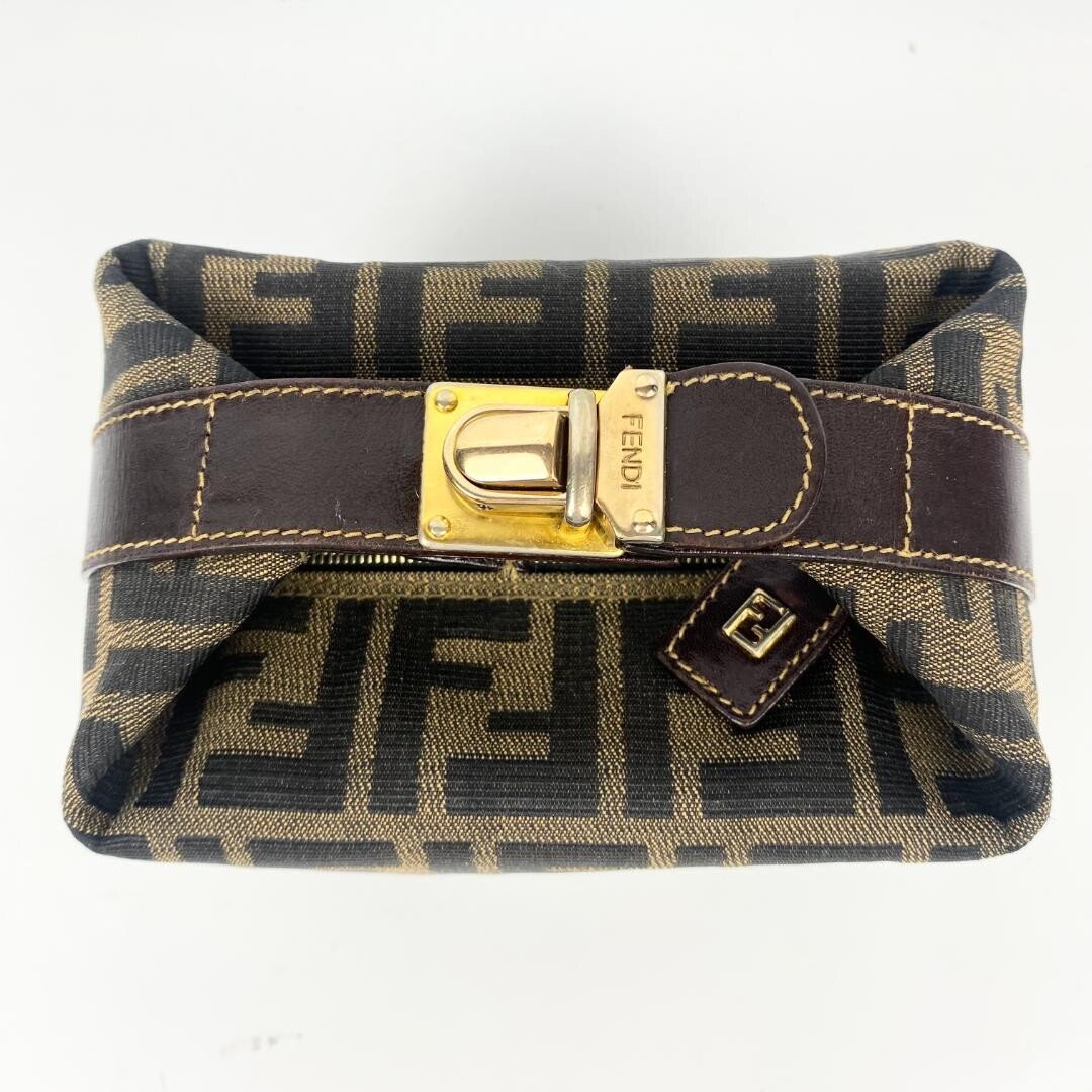 Fendi Zucca FF Logo Vanity Bag Canvas Leather Brown Gold Italy Top Handle Zip