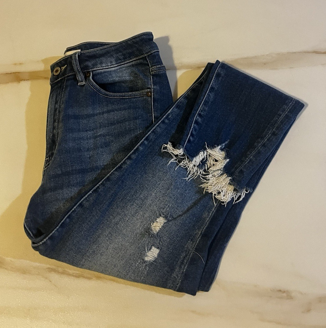 KanCan Women’s Blue Medium Wash Distressed Skinny Jeans Slim Fit Mid Rise