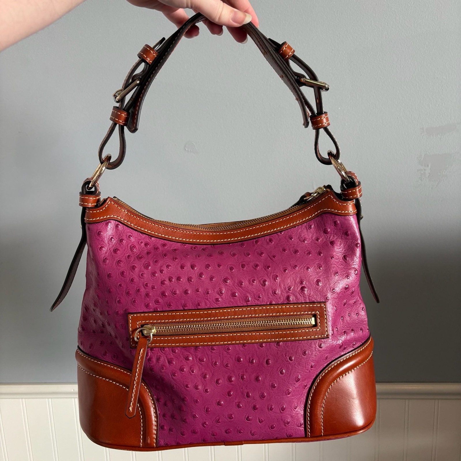 Dooney & Bourke Ostrich Embossed Leather Hobo Shoulder Bag in Fuchsia