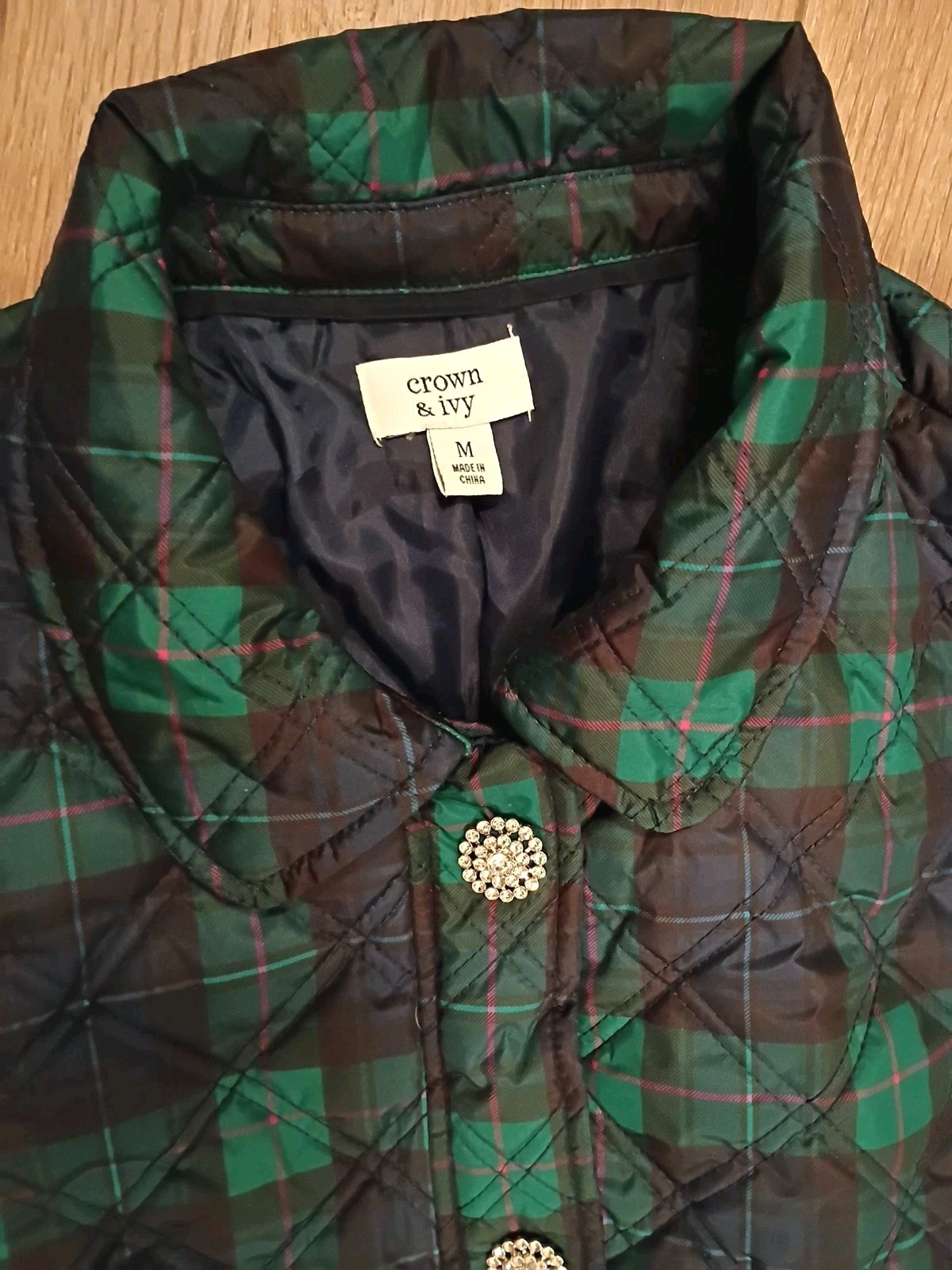 Crown & Ivy Navy Green Plaid Quilted Jacket Bling Rhinestone Button Snaps Sz M