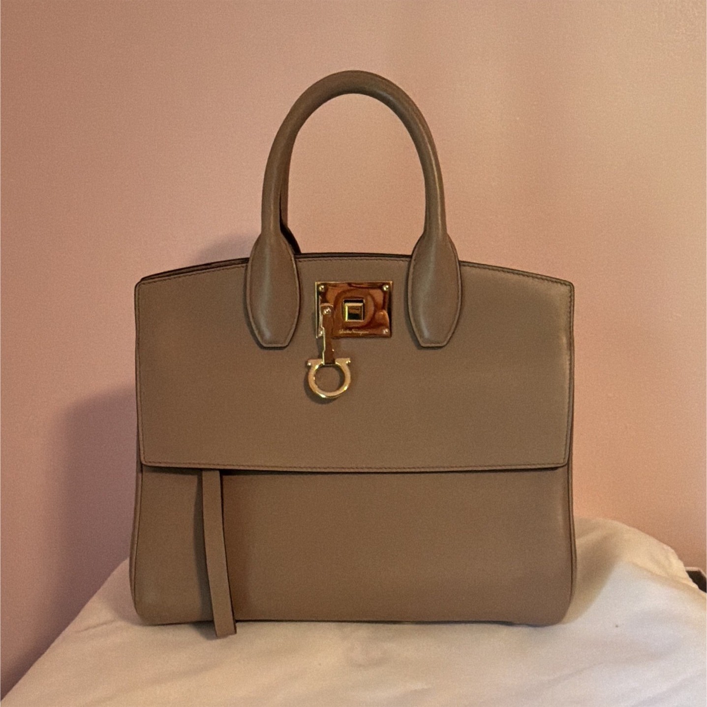 Salvatore Ferragamo The Studio Taupe Satchel Gold Hardware Detachable Strap
