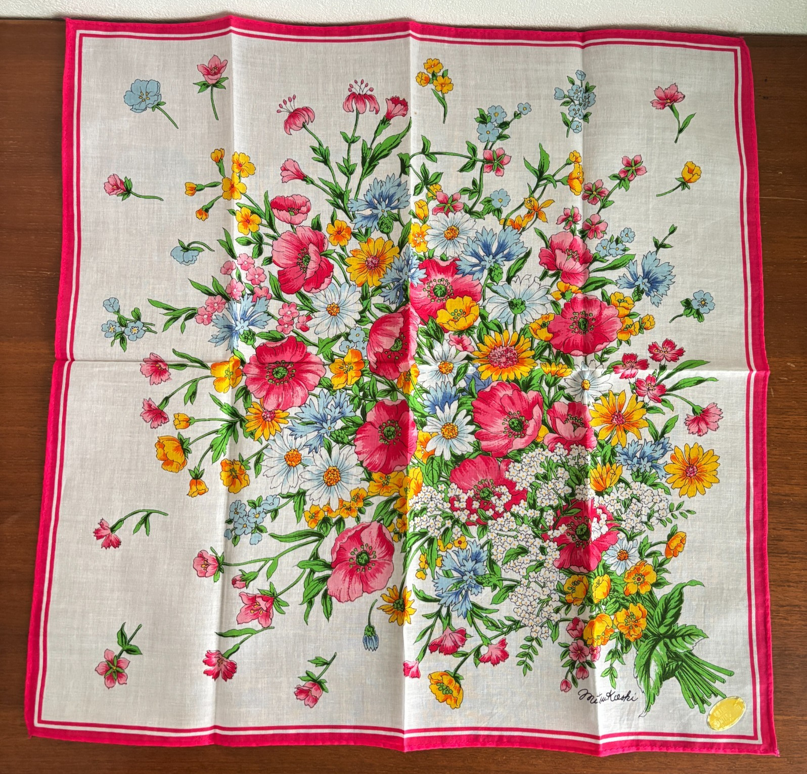 RARE Vintage Mitsukoshi Scarf Handkerchief 2pc Set Floral Pink Navy Cotton Japan