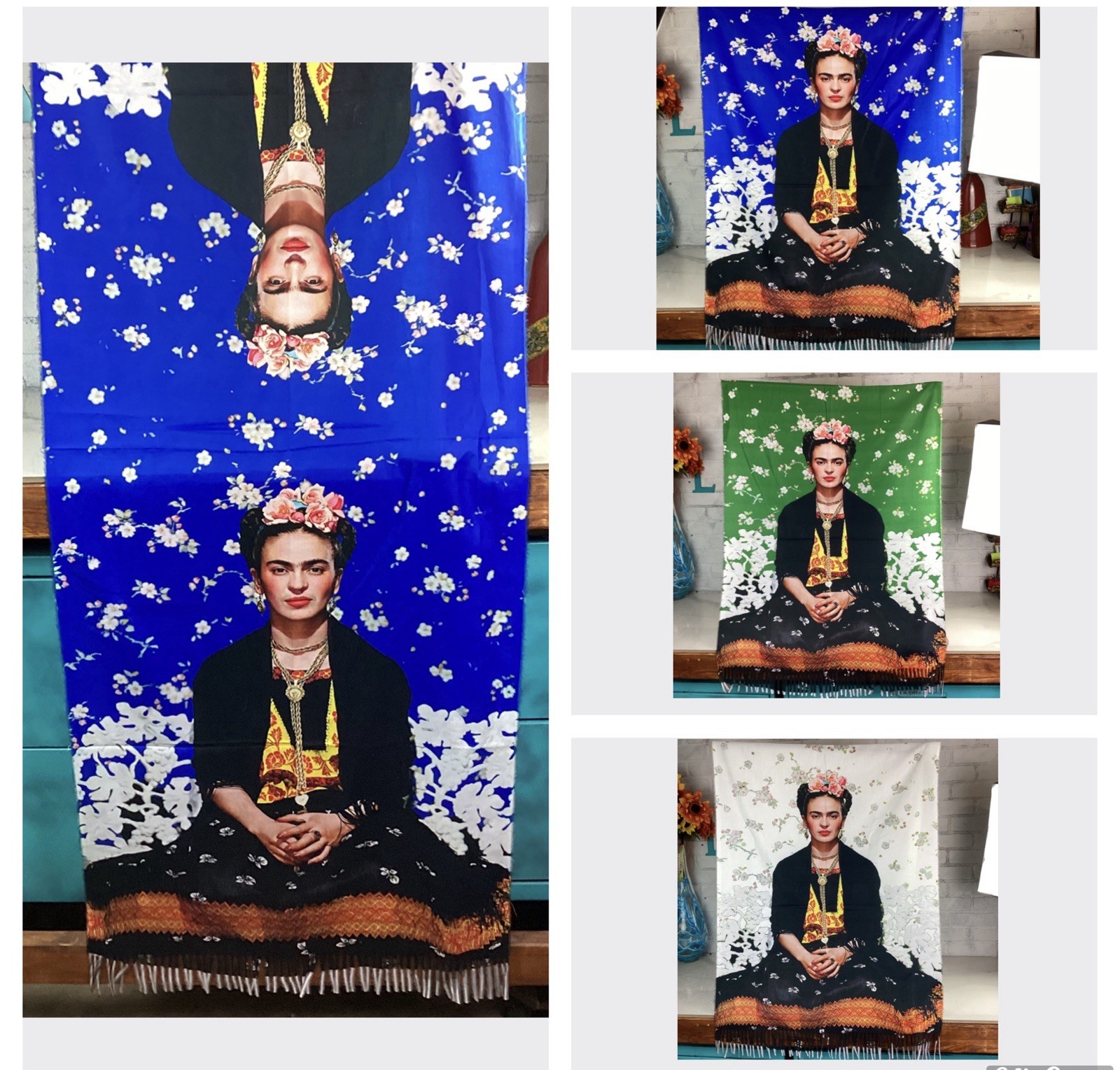 Frida Khalo Fringe Shawl Scarf Wrap 100% Acrylic, Blue, Green, White 76in x 30in
