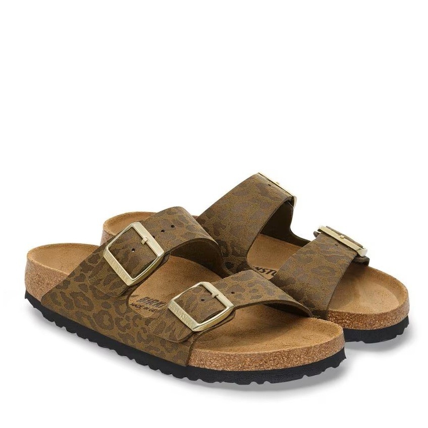BIRKENSTOCK ARIZONA LEO KHAKI MEDIUM/NARROW WIDTH SLIDE SANDALS LEOPARD