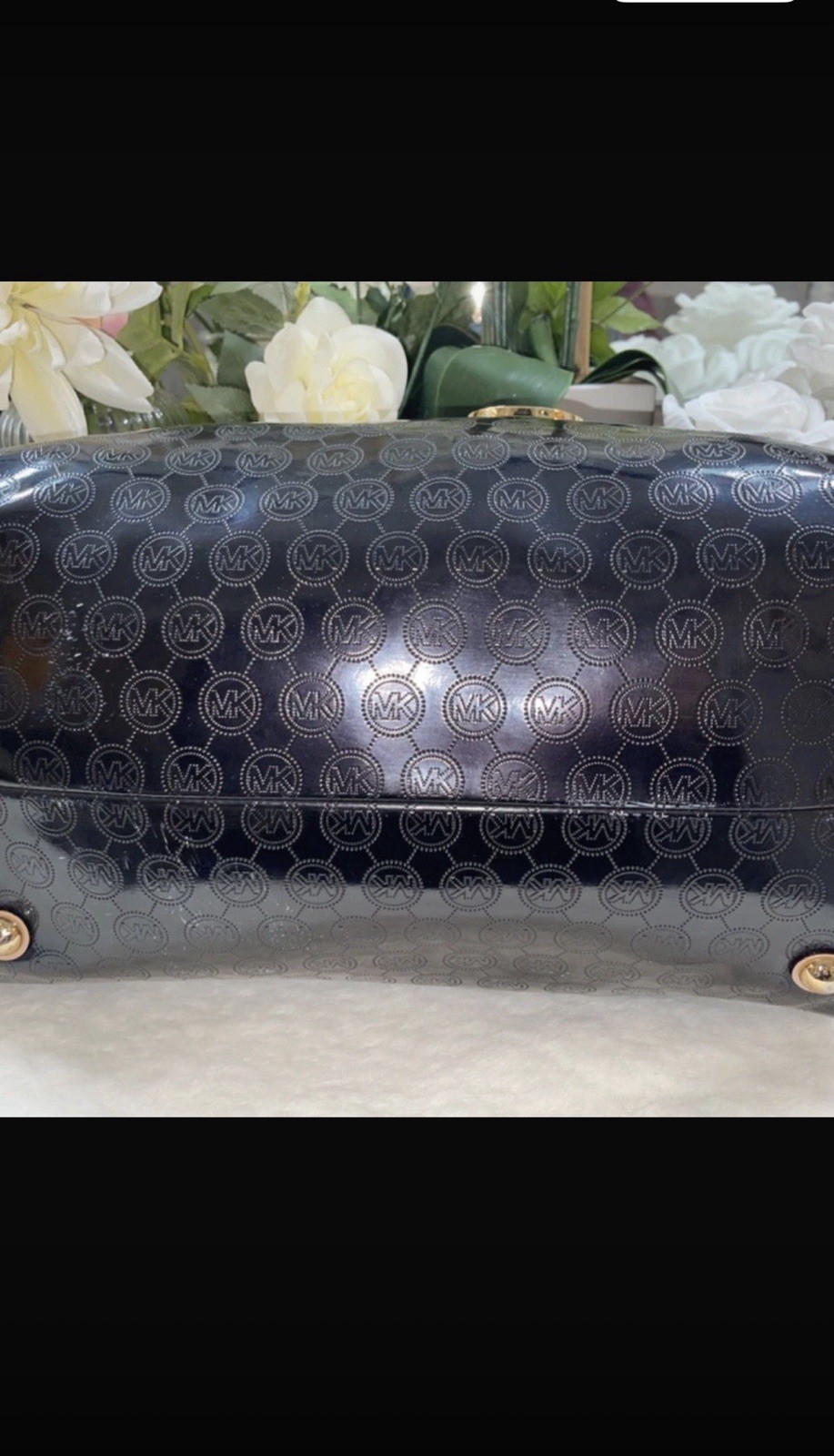 Michael Kors Black Beige Logo Satchel Zip Gold Hardware Charm Bottom Studs