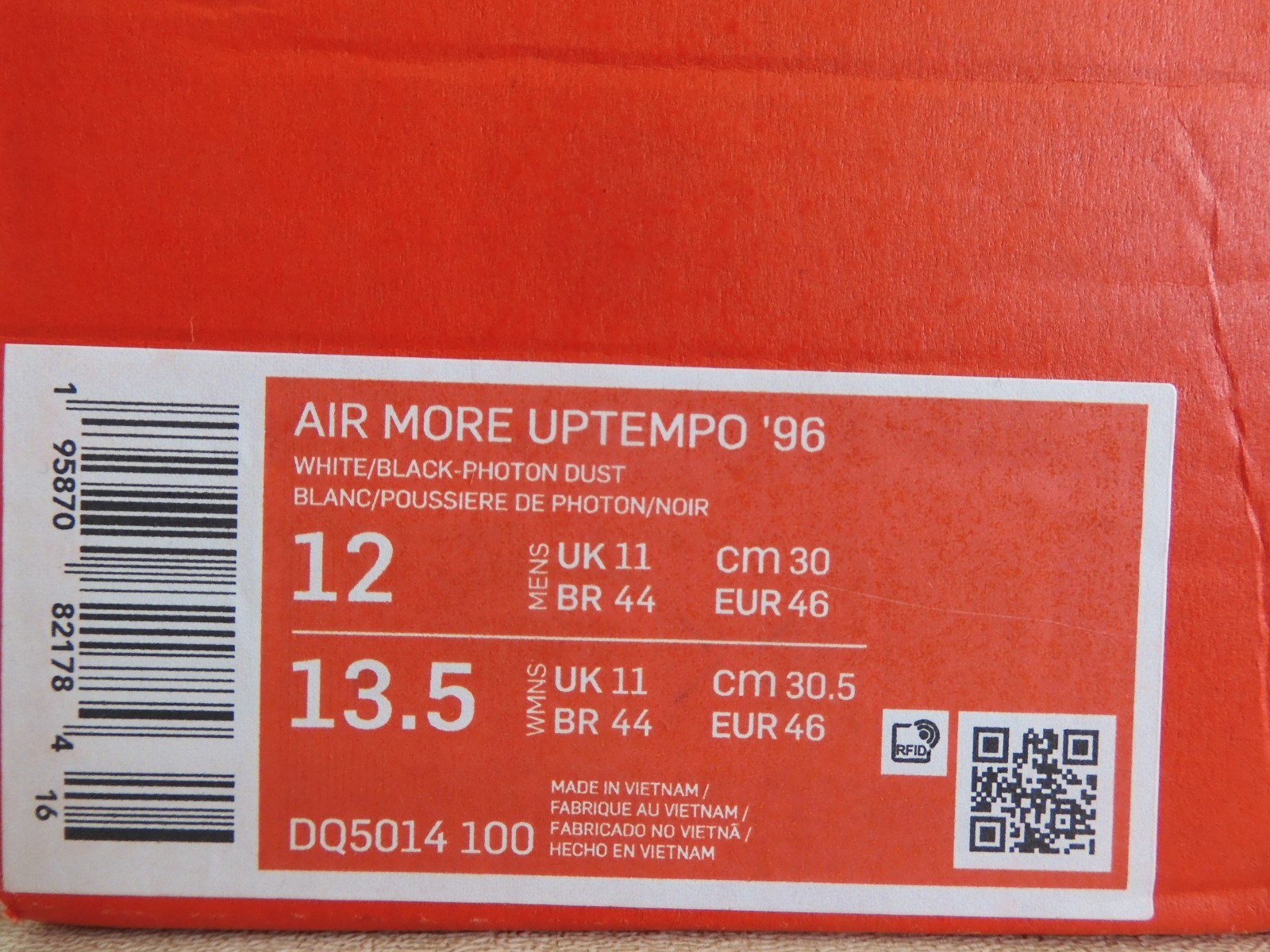 NIKE AIR MORE UPTEMPO ’96 “COPY PASTE WHITE-BLACK-PHOTON DUST SZ 12 [DQ5014-100]