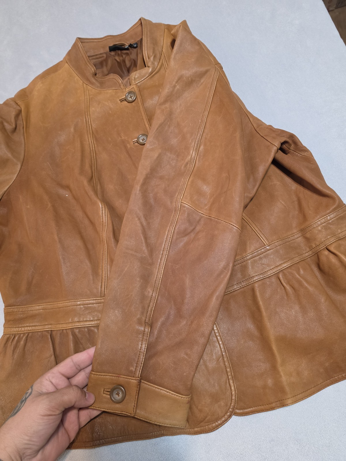 a.n.a Women’s Brown Genuine Leather Peplum Button Front Jacket Sz 1X NWT