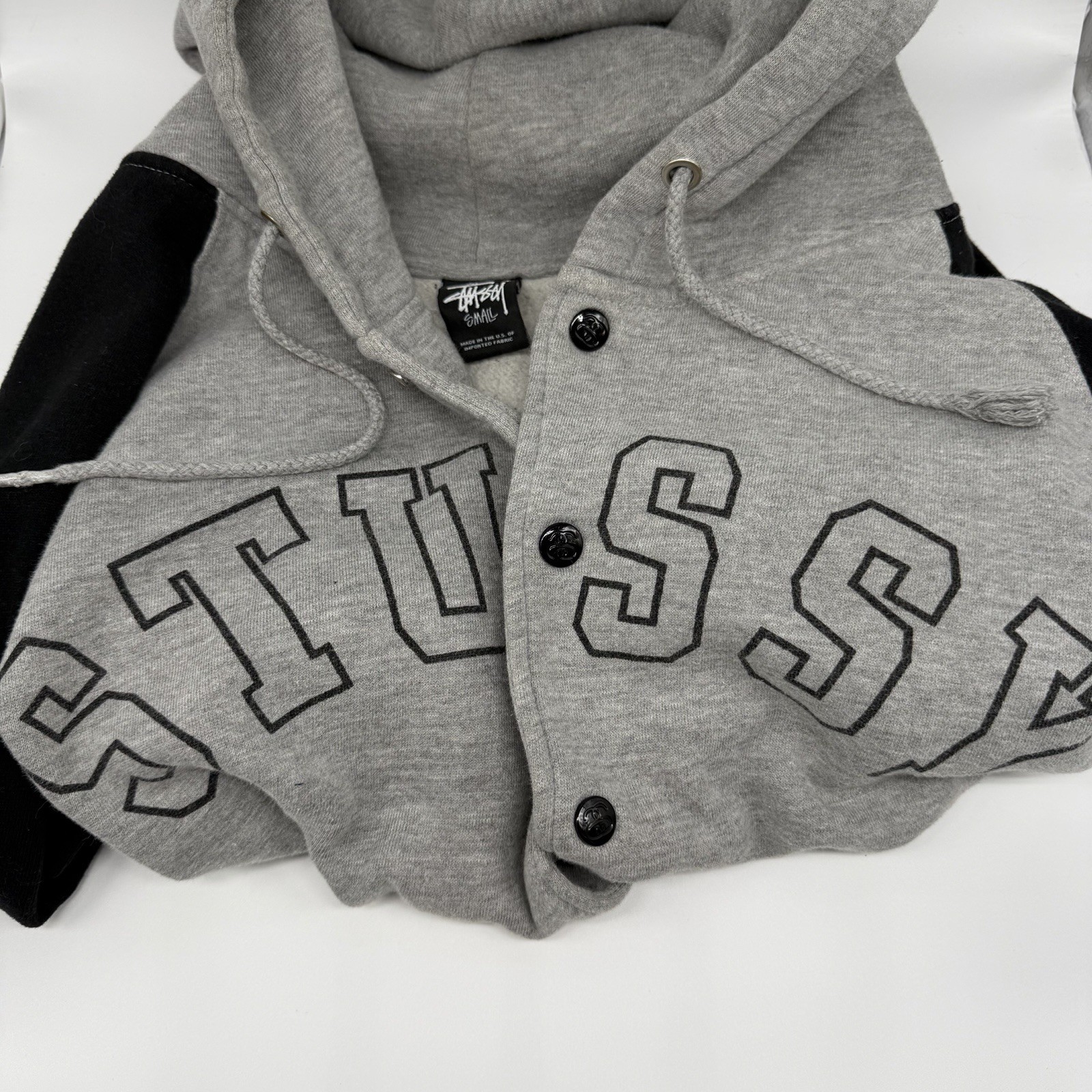 Stussy Men’s Varsity Button Up Hoodie Print Sweatshirt S