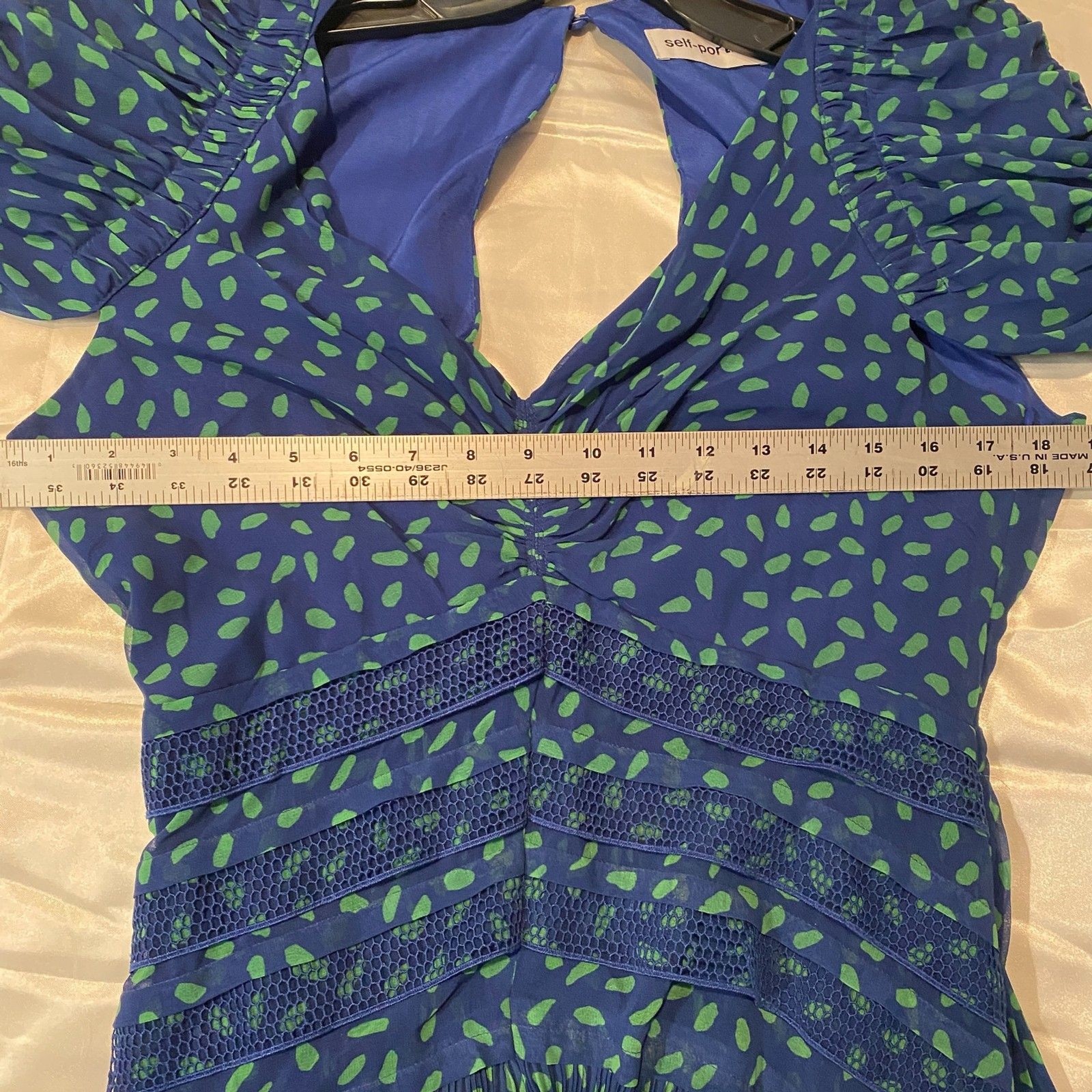 Self-Portrait Blue Green Polka Dot Printed Chiffon Tiered Mini Dress, Size 6