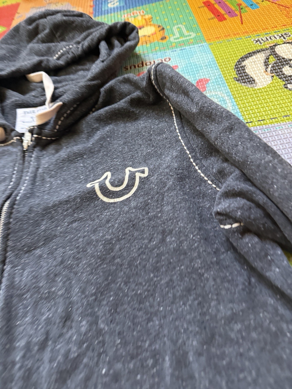 True Religion Men Gray Zip Up Jacket Hoodie Sz XL Buddha Logo Contrast Stitching