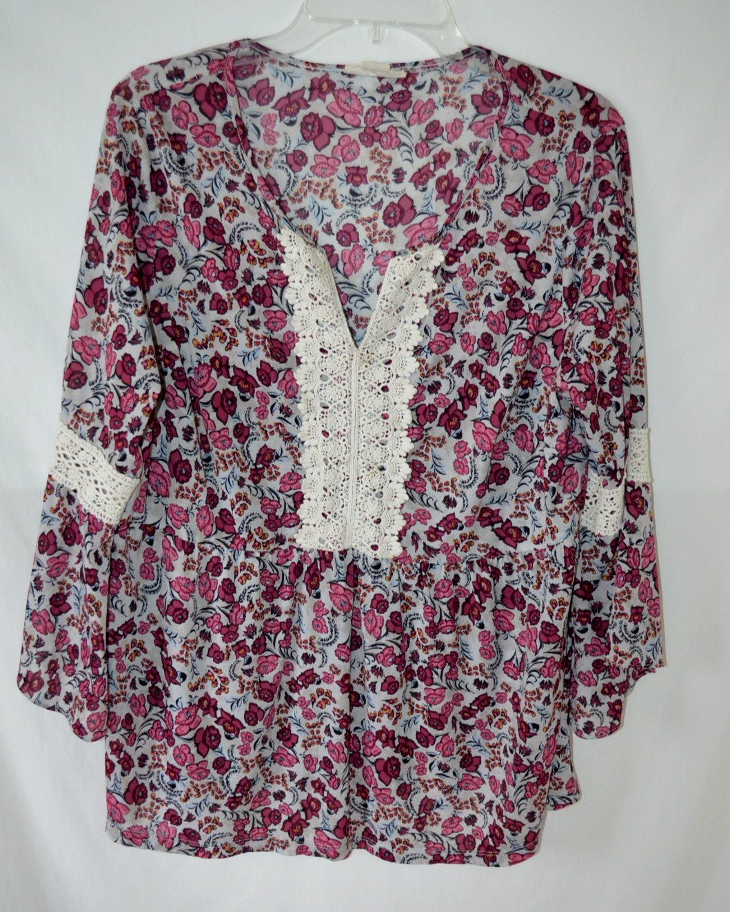 Style & Co Pink Burgundy Floral Print Peasant Top 1X Crochet Inset Bell Sleeves