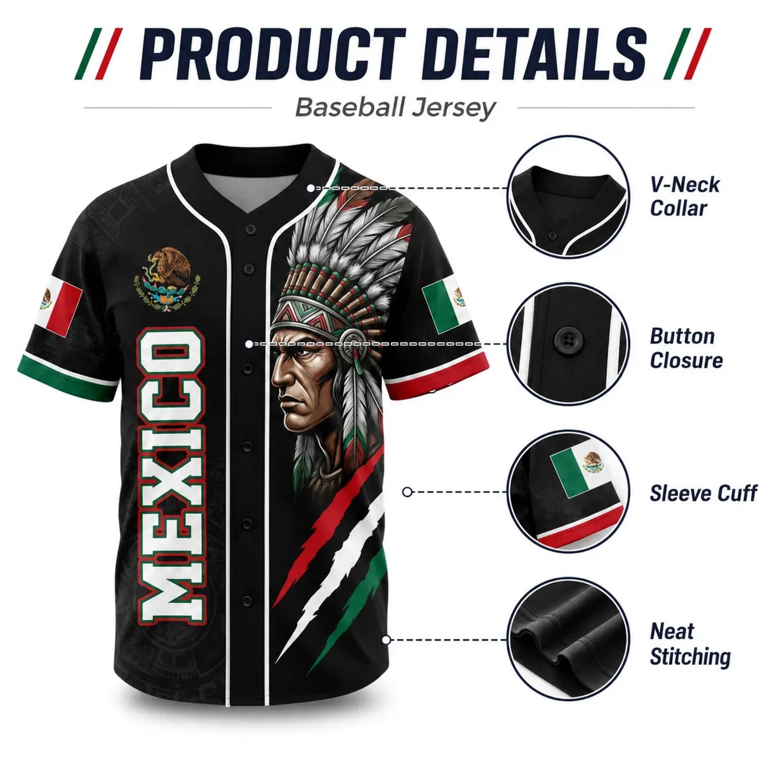 Mexico Baseball Jersey, Aztec Warrior Button Up Shirt, Mexican Flag Eagle Jersey