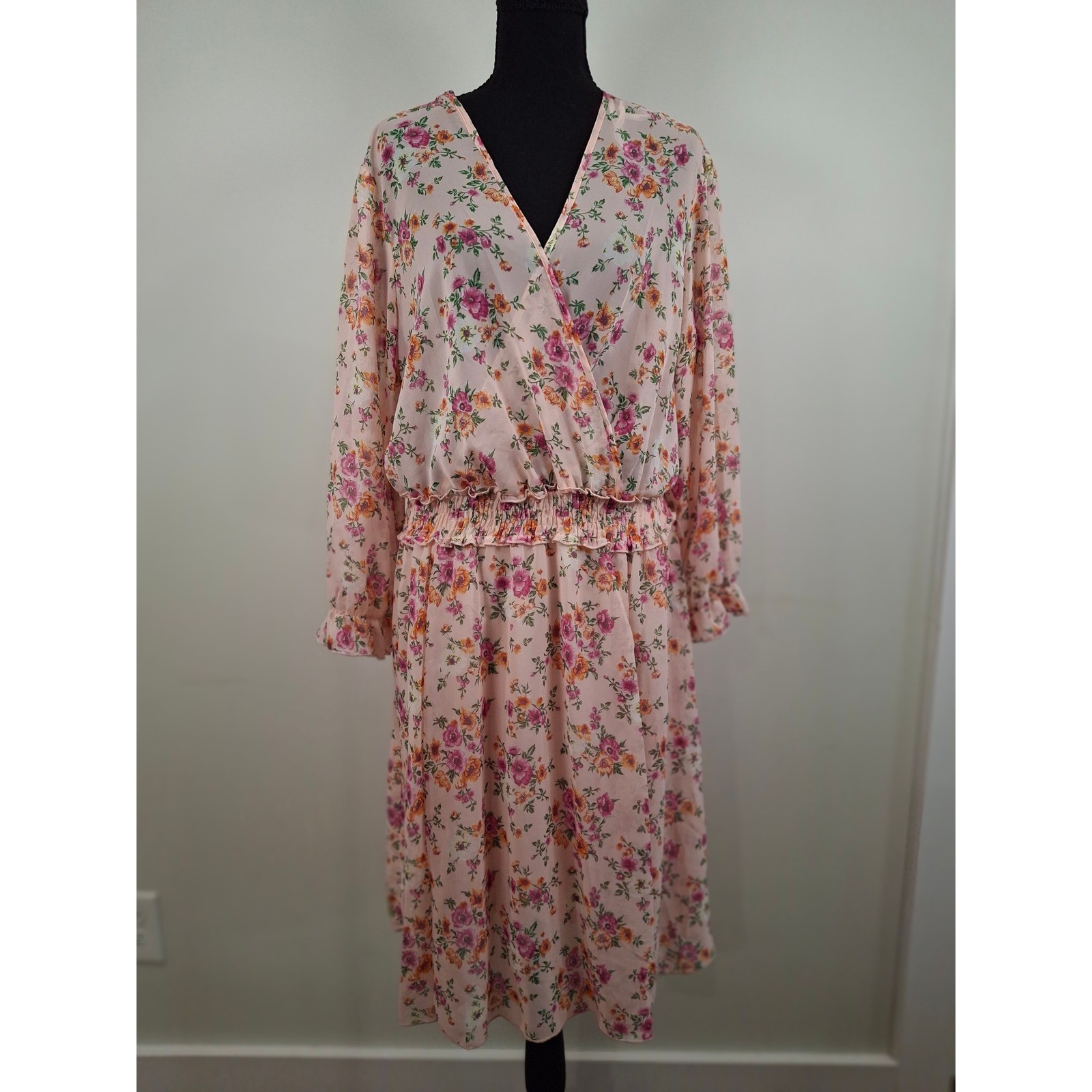 Stella & Julie Pink Floral Faux Wrap Midi Dress Plus Size 18W Smocked