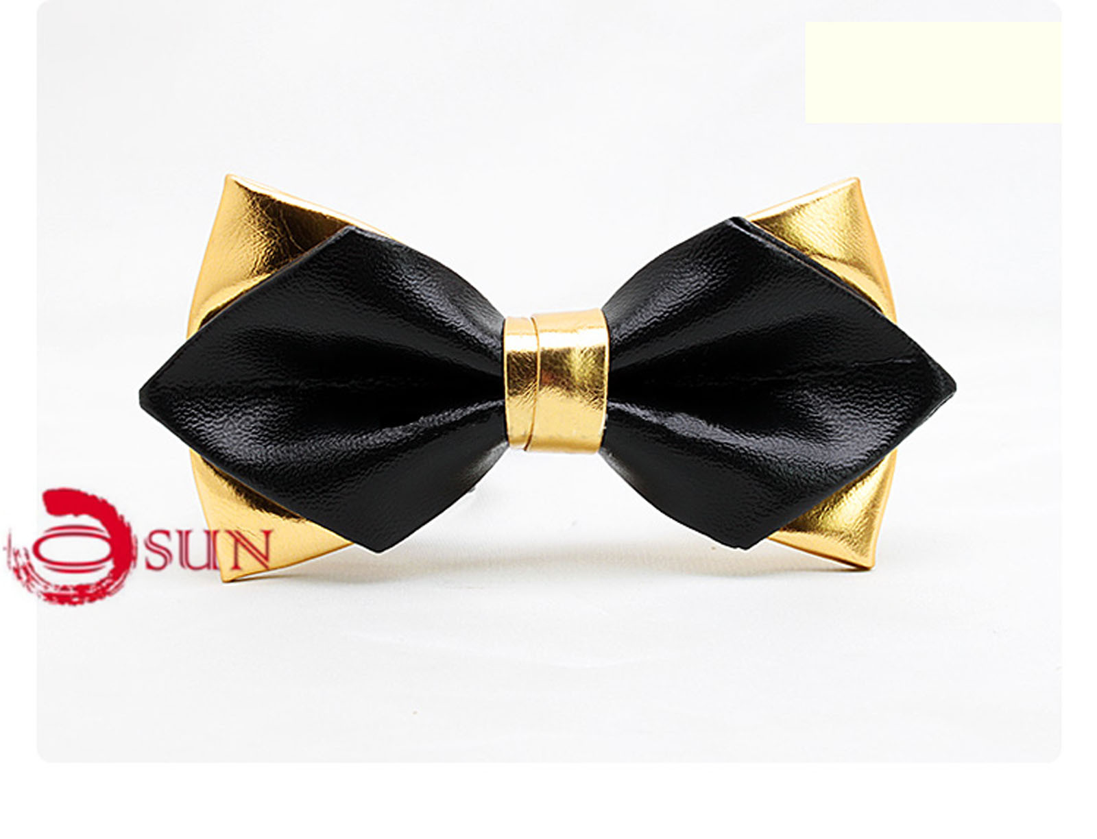 Mens PVC Faux Leather Gold Golden Black Shining Bow Tie Bowties Wedding Party
