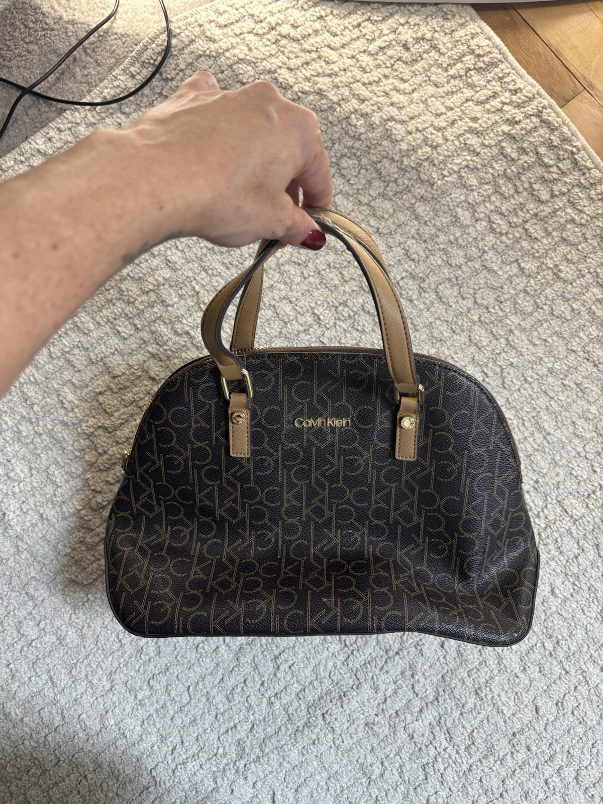 Calvin Klein CK Monogram Zip Satchel Top Handle Brown/Beige
