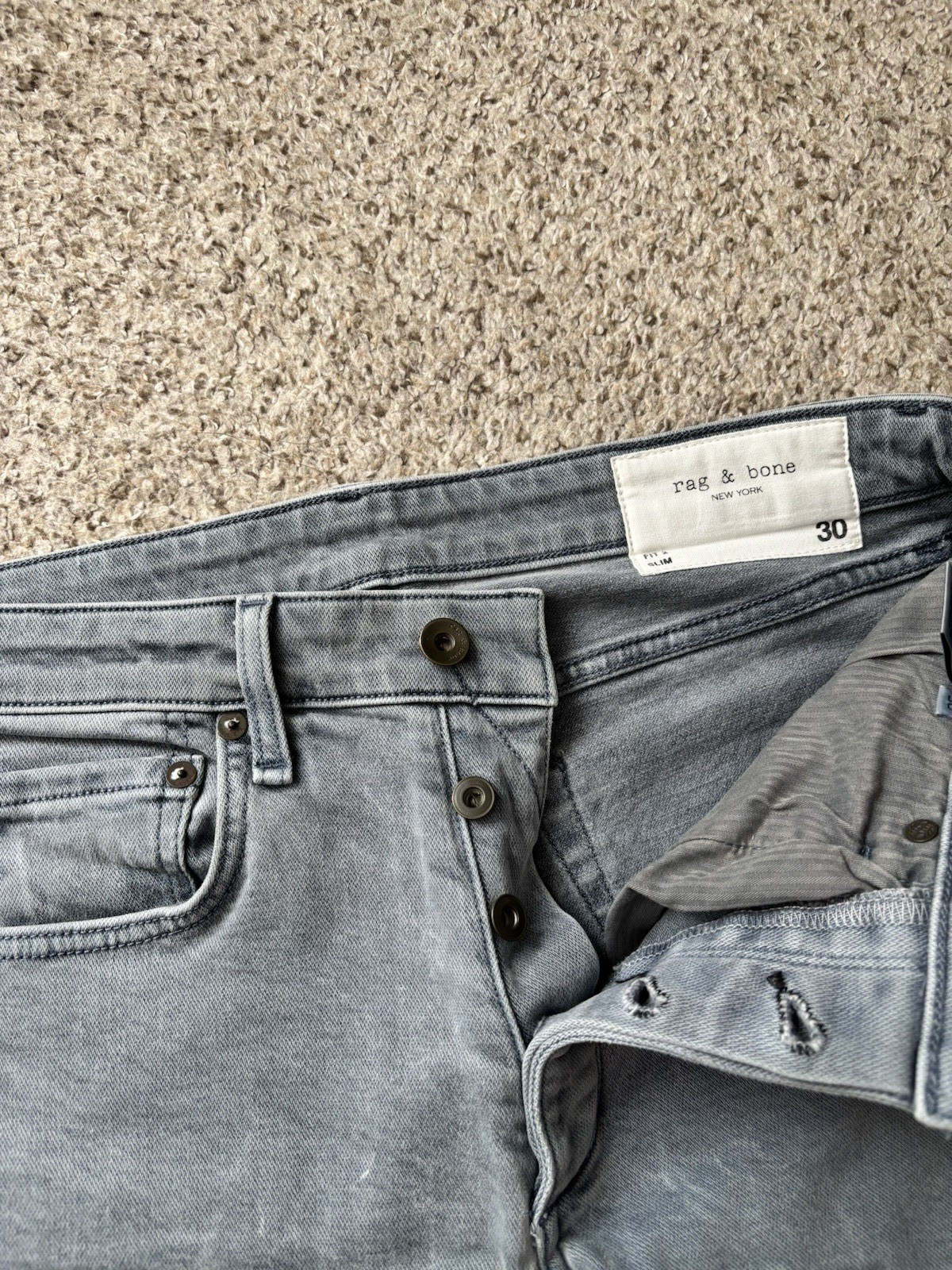 rag & bone Jeans Mens Size 30×30 Gray Blue Fit 2 Slim Button Fly Stone Wash
