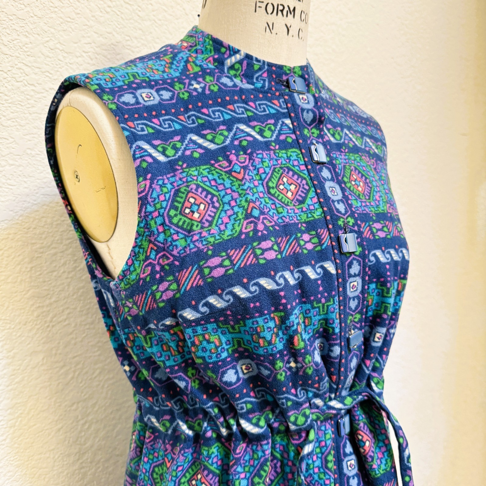 Vintage Psychedelic 1960s Striped Wool and Silk, Mock Collar Mini Dress Size S