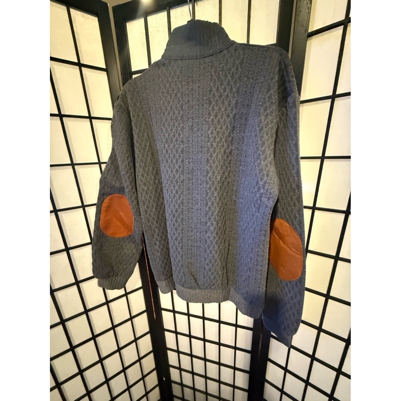 NWT Men’s Gray Quarter Button Pullover Sweater L Textured Knit Elbow Patch