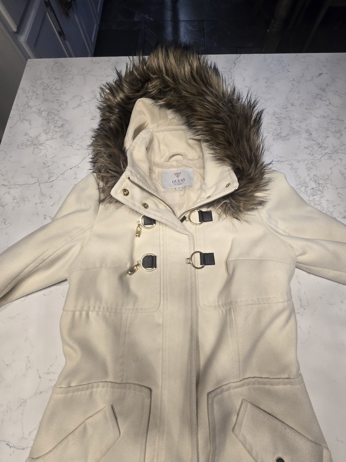 GUESS Women Cream Duffle Peacoat Jacket Hooded Faux FurToggle Winter Coat Size M